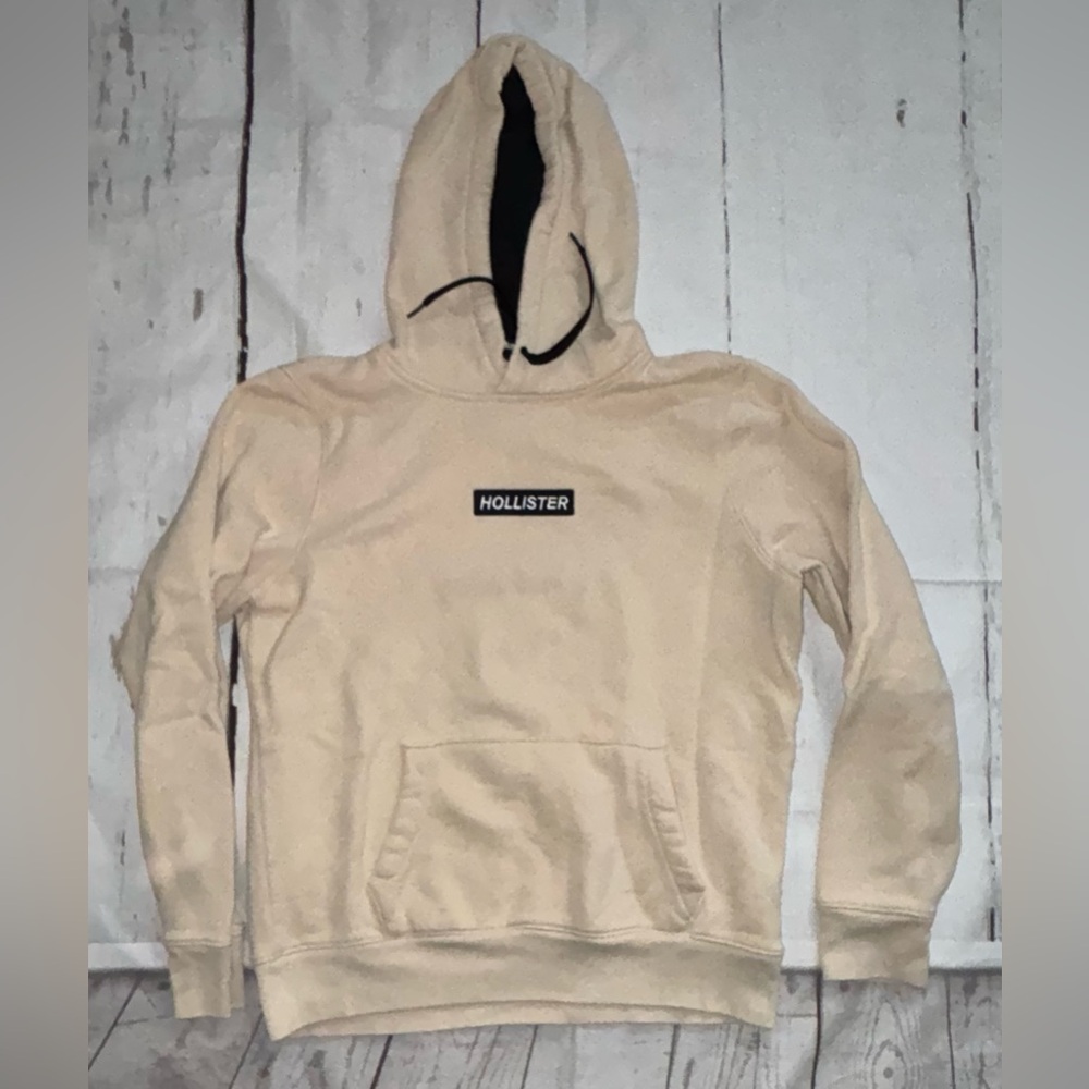 Hollister Hoodie Sweatshirt Beige Tan Logo Large